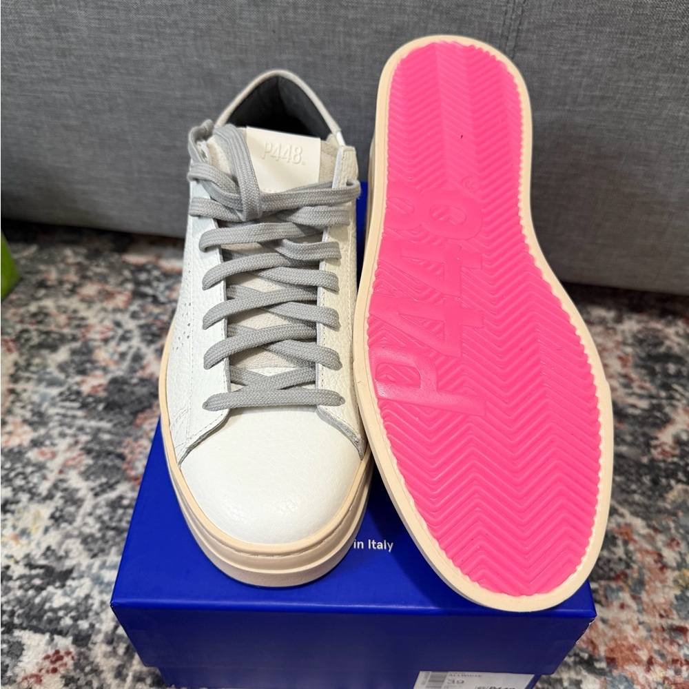 P448 Jack White Leather Sneaker with Pink Sole and Gray Accents